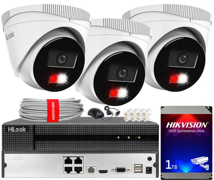 Zestaw do Monitoringu IP 4Mpx, 3 Kamery IPC-T240HA-LU Smart Hybrid Light, PoE - HiLook by Hikvision | IPC-T240HA-LU(x3) POE KIT