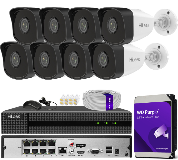Zestaw do monitoringu IP 5Mpx, 8 Kamer IPC-B150H, PoE, IR30m - HiLook by Hikvision | IPC-B150H (x8) POE KIT
