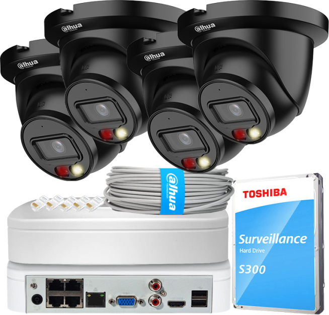 Zestaw do Monitoringu IP 4Mpx, 4 Kamery IPC-HDW2449TM-S-IL-0280B BLACK, Dual Light, PoE - DAHUA | IPC-HDW2449TM-S-IL-0280B BLACK(X4) POE KIT