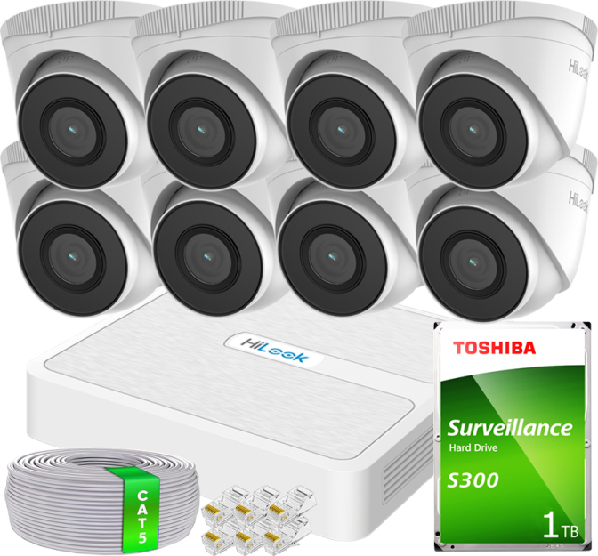 Zestaw do Monitoringu IP FullHD 2MP, 8 Kamer IPCAM-T2 IR30m, Rejestrator 8xPoE - HiLook by Hikvision | 8x IPCAM-T2- + NVR-8CH-H/8P