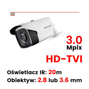 DS-2CE16F1T-IT - Kamera tubowa 3.0 Mpix HD-TVI, 2.8 lub 3.6mm, IR 20m - HIKVISION