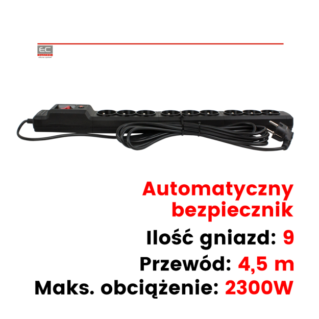 MULTI M9 4,5m - Listwa zasilająca, 9 gniazd, bezpiecznik automatyczny, 2300W, ochrona przed dziećmi | MULTI M9 4,5m