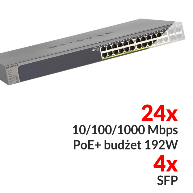 24x 10/100/1000Mbps PoE + 4x SFP - GS728TP-100EUS - Switch 28-portowy PoE - Netgear
