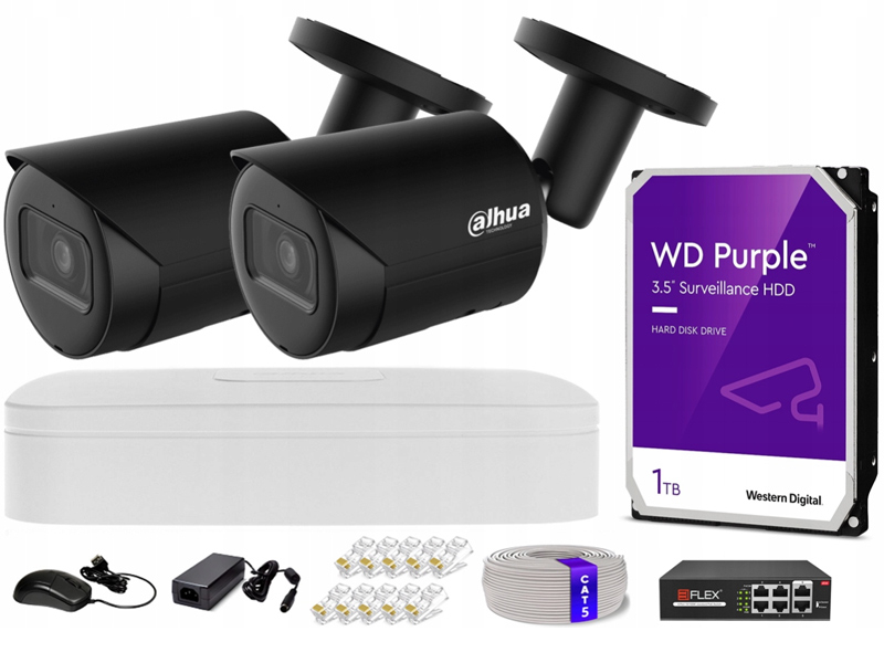 Zestaw do Monitoringu IP 4Mpx, IR30m, 2 Kamery IP, WizSense, Rejestrator 4ch, Switch PoE - Dahua | IPC-HFW2441S-S-0280B BLACK + NVR2104-S3