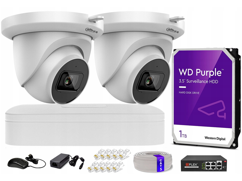 Zestaw do Monitoringu IP 4Mpx, IR30m, 2 Kamery IP, WizSense, Rejestrator 4ch, Switch PoE - Dahua | IPC-HDW2441TM-S-0280B + NVR2104-S3