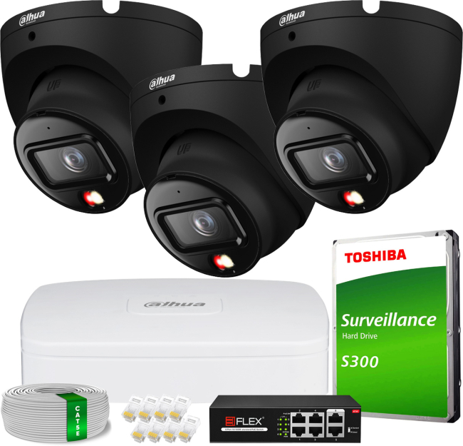 Zestaw do Monitoringu IP 6Mpx, 3 Kamery IPC-HDW1639T-A-IL-BLACK, Dual Light, PoE - DAHUA | IPC-HDW1639T-A-IL-BLACK(X3) POE KIT