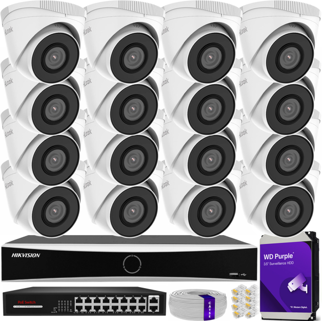 Zestaw do monitoringu IP 5Mpx, 16 Kamer IPC-T250H, PoE, IR30m - HiLook by Hikvision | IPC-T250H(x16) POE KIT