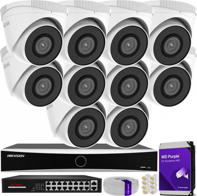 Zestaw do monitoringu IP 5Mpx, 10 Kamer IPC-T250H, PoE, IR30m - HiLook by Hikvision | IPC-T250H(x10) POE KIT