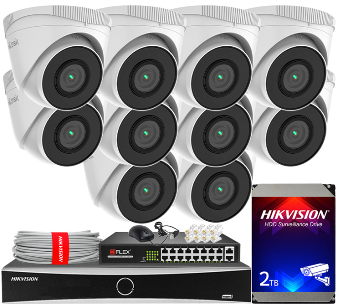 Zestaw do monitoringu IP 5Mpx, 10 Kamer IPC-T250H, PoE, IR30m - HiLook by Hikvision | IPC-T250H(x10) POE KIT