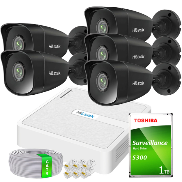 Zestaw do Monitoringu IP 5Mpx 5 Kamer IPCAM-B5 BLACK, Rejestrator 8ch 8xPoE - HiLook by Hikvision | 5xIPCAM-B5 BLACK + NVR-8CH-H/8P