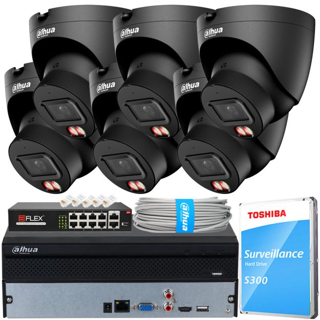 Zestaw do Monitoringu IP 12Mpx, 6 Kamer IPC-HDW21249T-S-IL-0280B BLACK, Dual Light, PoE - DAHUA | IPC-HDW21249T-S-IL-0280B BLACK(X6) POE KIT