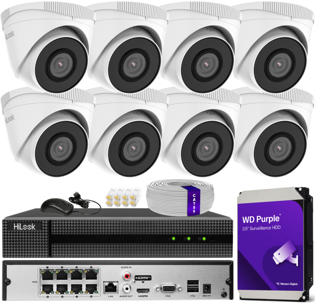 Zestaw do monitoringu IP 5Mpx, 8 Kamer IPC-T250H, PoE, IR30m - HiLook by Hikvision | IPC-T250H(x8) POE KIT