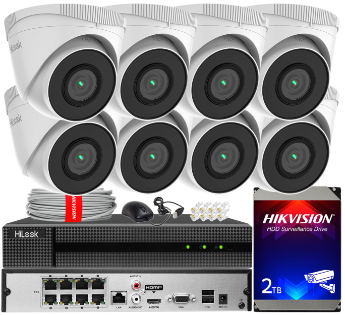 Zestaw do monitoringu IP 5Mpx, 8 Kamer IPC-T250H, PoE, IR30m - HiLook by Hikvision | IPC-T250H(x8) POE KIT