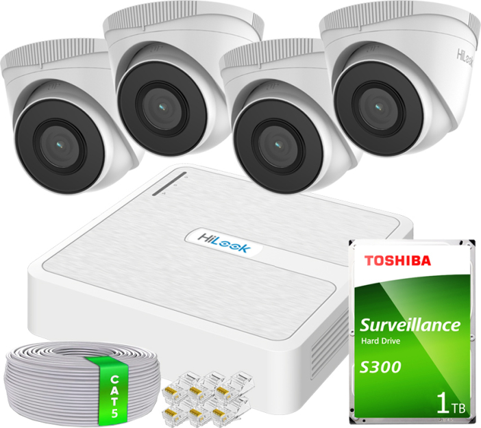 Zestaw do Monitoringu IP Full HD, 4 Kamery IPCAM-T2 IR30m, Rejestrator 4ch PoE - HiLook by Hikvision | 4x IPCAM-T2- + NVR-4CH-H/4P