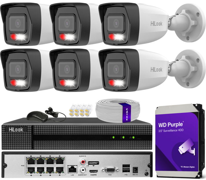 Zestaw do monitoringu IP 8Mpx 4K, 6 Kamer IPC-B180HA-LU, PoE  - HiLook by Hikvision | IPC-B180HA-LU(x6) POE KIT