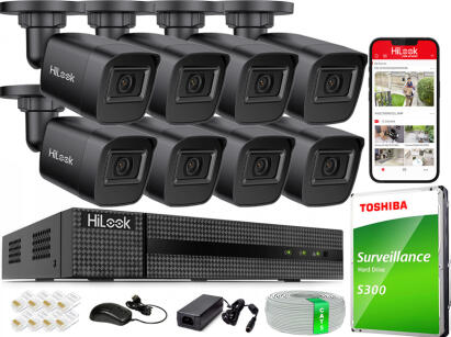 Zestaw do Monitoringu IP 4Mpx, 8 Kamer IPC-B141H-C BLACK, PoE, IR20m, IP67 - HiLook by Hikvision | IPC-B141H-C BLACK(x8) POE KIT