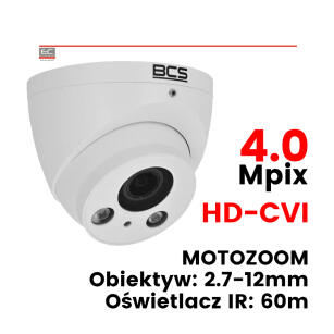 BCS-DMHC2401IR-M - Kamera kopułkowa, 4 Mpix, HD-CVI, 2.7-12mm, WDR, MOTOZOOM, IR: 60m - BCS Line
