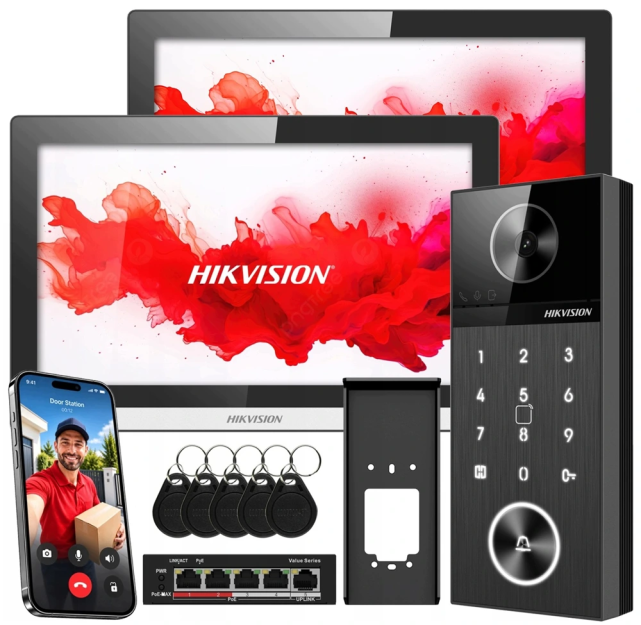 Wideodomofon IP, zestaw DS-KV6124-WBE1 + 2x DS-KH6350-WTE1, PoE, WiFi - Hikvision | 5906667328028