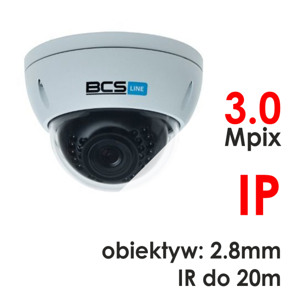 BCS-DMIP3300AIR - Kamera kopułkowa 3.0 Mpix IP 2.8mm IR 20m - BCS