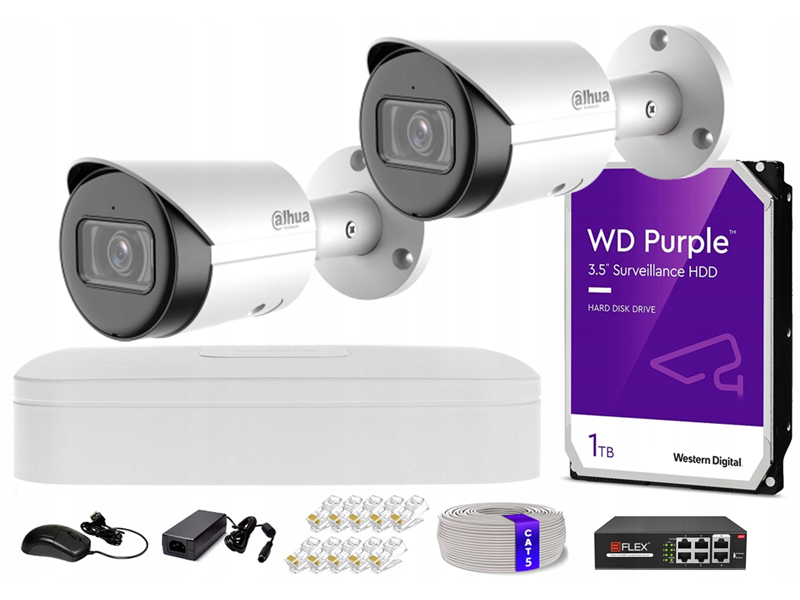 Zestaw do Monitoringu IP 4Mpx, IR30m, 2 Kamery IP, WizSense, Rejestrator 4ch, Switch PoE - Dahua | IPC-HFW2441S-S-0280B + NVR2104-S3