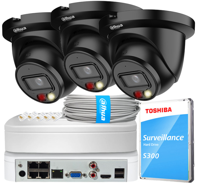 Zestaw do Monitoringu IP 4Mpx, 3 Kamery IPC-HDW2449TM-S-IL-0280B BLACK, Dual Light, PoE - DAHUA | IPC-HDW2449TM-S-IL-0280B BLACK(X3) POE KIT