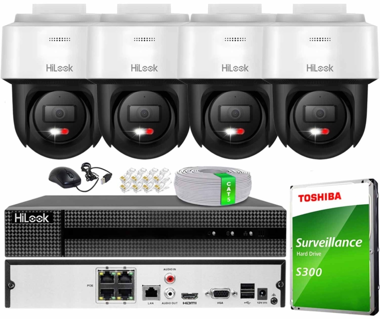 Zestaw do Monitoringu IP 6Mpx, 4 Kamery PTZ-N2C600M-DE Smart Hybrid Light, PoE - HiLook by Hikvision | PTZ-N2C600M-DE(x4) POE KIT