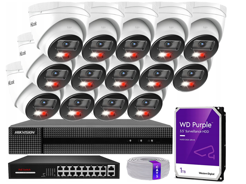 Zestaw do Monitoringu IP 4Mpx 14 Kamer IPCAM-T4-30DL, Hybrid Light, Rejestrator 16ch, MD 2.0 - HiLook by Hikvision | IPCAM-T4-30DL + HWN-4216MH