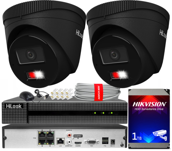 Zestaw do Monitoringu IP 6Mpx, 2 Kamery IPC-T260HA-LU BLACK Smart Hybrid Light, PoE - HiLook by Hikvision | IPC-T260HA-LU(x2)BlACK POE KIT