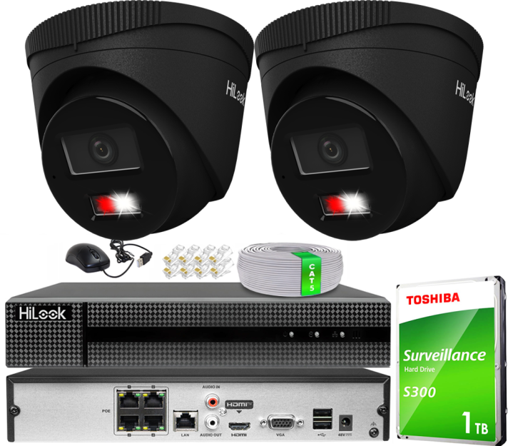 Zestaw do Monitoringu IP 6Mpx, 2 Kamery IPC-T260HA-LU BLACK Smart Hybrid Light, PoE - HiLook by Hikvision | IPC-T260HA-LU(x2)BlACK POE KIT