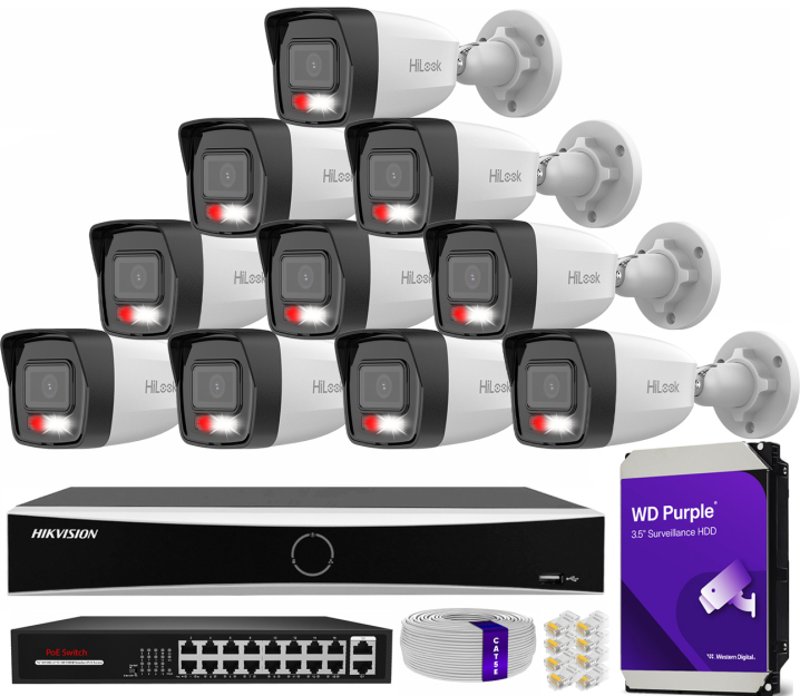Zestaw do monitoringu IP 8Mpx 4K, 10 Kamer IPC-B180HA-LU, PoE  - HiLook by Hikvision | IPC-B180HA-LU(x10) POE KIT