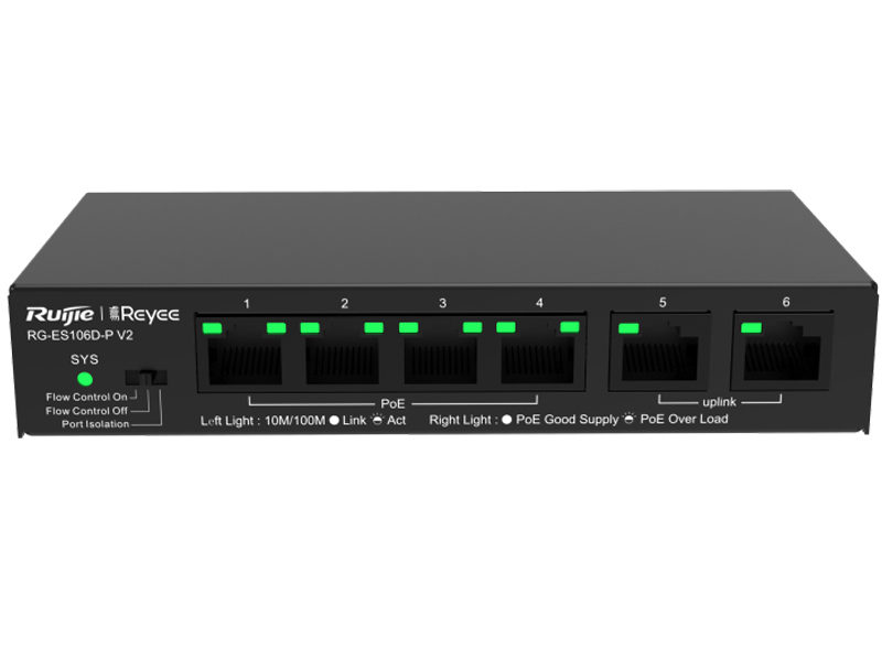 RG-ES106D-P V2 - Switch PoE 4+2 10/100Mbps, niezarządzalny, 54W - Reyee by Ruijie | RG-ES106D-P V2