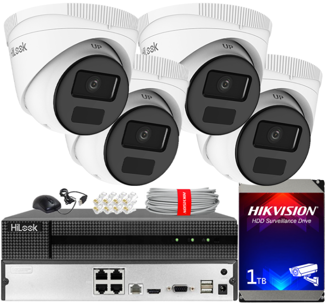 Zestaw do Monitoringu IP 4Mpx, 4 Kamer IPC-T241H-C, PoE, IR20m, IP67 - HiLook by Hikvision | IPC-T241H-C(x4) POE KIT