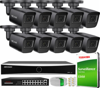 Zestaw do Monitoringu IP 4Mpx, 10 Kamer IPC-B141H-C BLACK, Rejestrator DS-7616NXI-K1, 16xPoE - HiLook by Hikvision | IPC-B141H-C BLACK(x10) NXI KIT