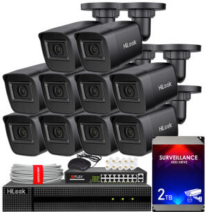 Zestaw do Monitoringu IP 4Mpx, 10 Kamer IPC-B141H-C BLACK, Rejestrator 16xPoE - HiLook by Hikvision | IPC-B141H-C BLACK(x10) NXI KIT