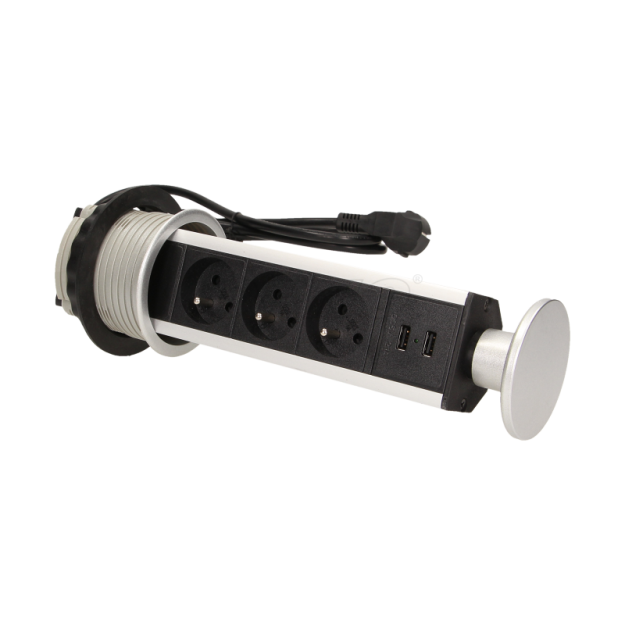 OR-AE-1357 - Gniazdo meblowe 3x250V AC wysuwane z blatu z ładowarką USB, blokadą i przewodem 1,8m, srebrny - Orno