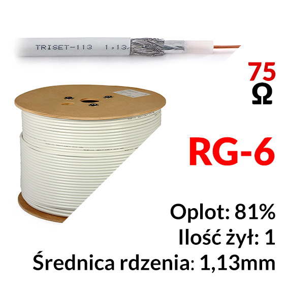 TRISET-113 - Przewód koncentryczny RG-6 75Ω 1,13/4,8/6,8 klasa A 500m - Triset