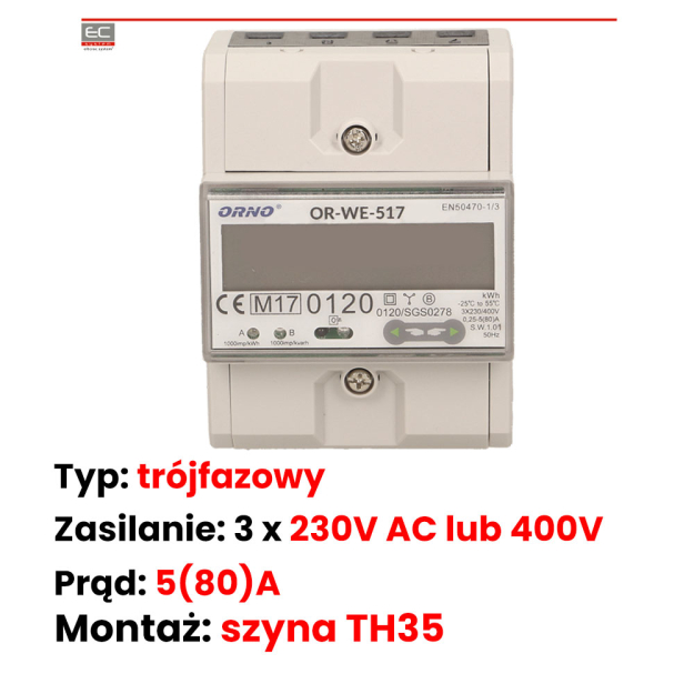 OR-WE-517 - 3-fazowy licznik energii elektrycznej 80A, wielotaryfowy, RS-485, MID - ORNO | OR-WE-517