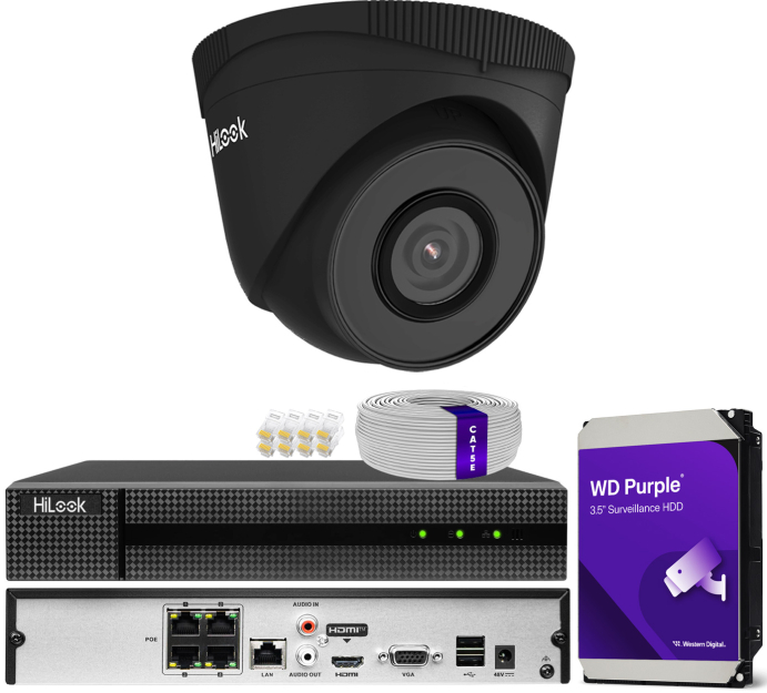 Zestaw do monitoringu IP 5Mpx, 1 Kamera IPC-T250H BLACK, PoE, IR30m - HiLook by Hikvision | IPC-T250H BLACK(x1) POE KIT