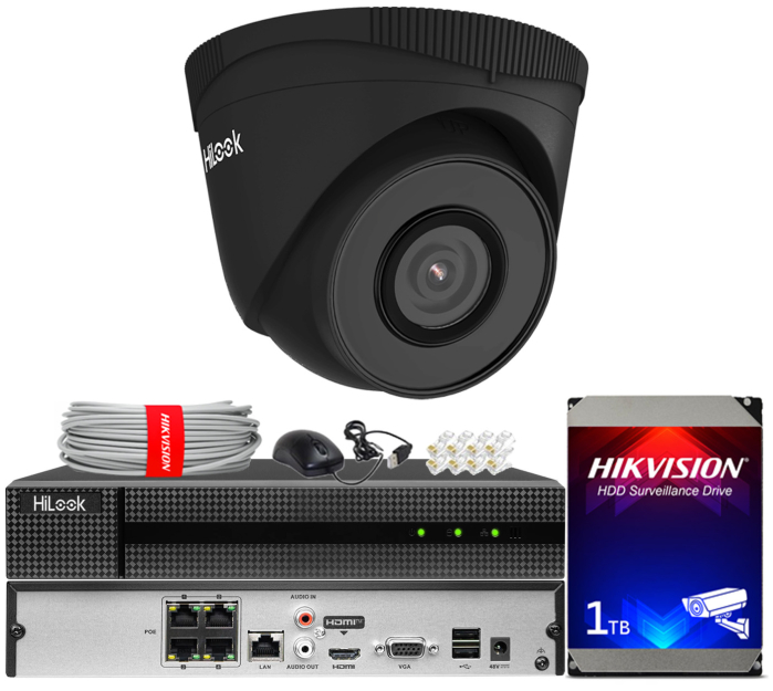 Zestaw do monitoringu IP 5Mpx, 1 Kamera IPC-T250H BLACK, PoE, IR30m - HiLook by Hikvision | IPC-T250H BLACK(x1) POE KIT
