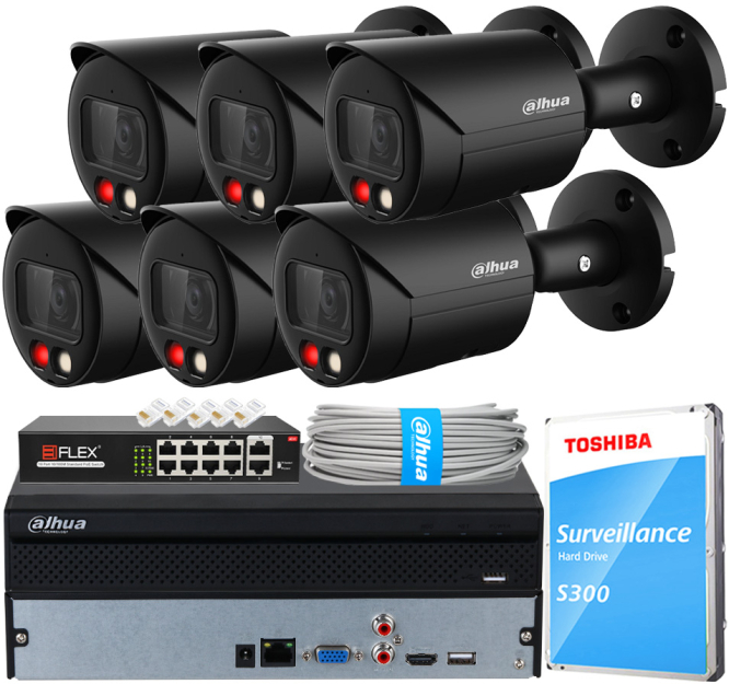 Zestaw do Monitoringu IP 4Mpx, 6 Kamer IPC-HFW2449S-S-IL-0280B BLACK, Dual Light, PoE - DAHUA | IPC-HFW2449S-S-IL-0280B BLACK(X6) POE KIT
