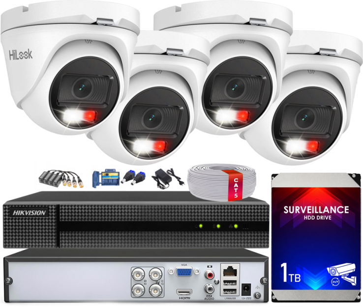 Zestaw do Monitoringu TurboHD, 4 kamery zewnętrzne Hybrid Light 2Mpx, Rejestrator XVR 4ch - HiLook by Hikvision | TVICAM-T2M-20DL + DVR-4CH-4MP