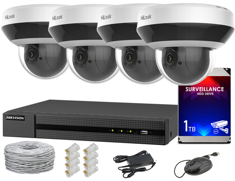 Zestaw do monitoringu IP, 4 kamery obrotowe PTZ 4Mpx, IR20, NVR 4xPoE, Dysk 1TB - Hilook by Hikvision | 5904035371263