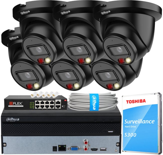 Zestaw do Monitoringu IP 4Mpx, 6 Kamer IPC-HDW2449TM-S-IL-0280B-BLACK, Dual Light, PoE - DAHUA | IPC-HDW2449TM-S-IL-0280B-BLACK(X6) POE KIT