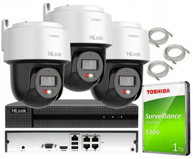 Zestaw do Monitoringu IP 4Mpx 3 Kamery obrotowe PTZ-N4MP-P, Hybrid Light - HiLook by Hikvision | PTZ-N4MP-P + NVR-4CH-4MP/4P