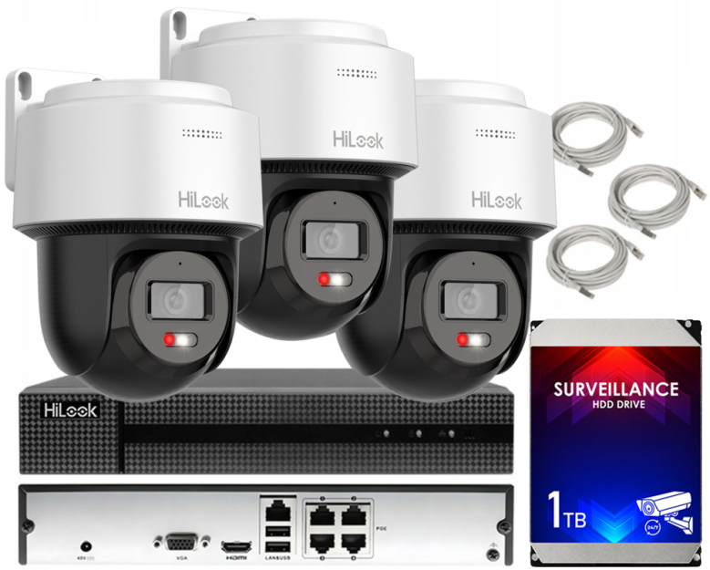 Zestaw do Monitoringu IP 4Mpx 3 Kamery obrotowe PTZ-N4MP-P, Hybrid Light - HiLook by Hikvision | PTZ-N4MP-P + NVR-4CH-4MP/4P