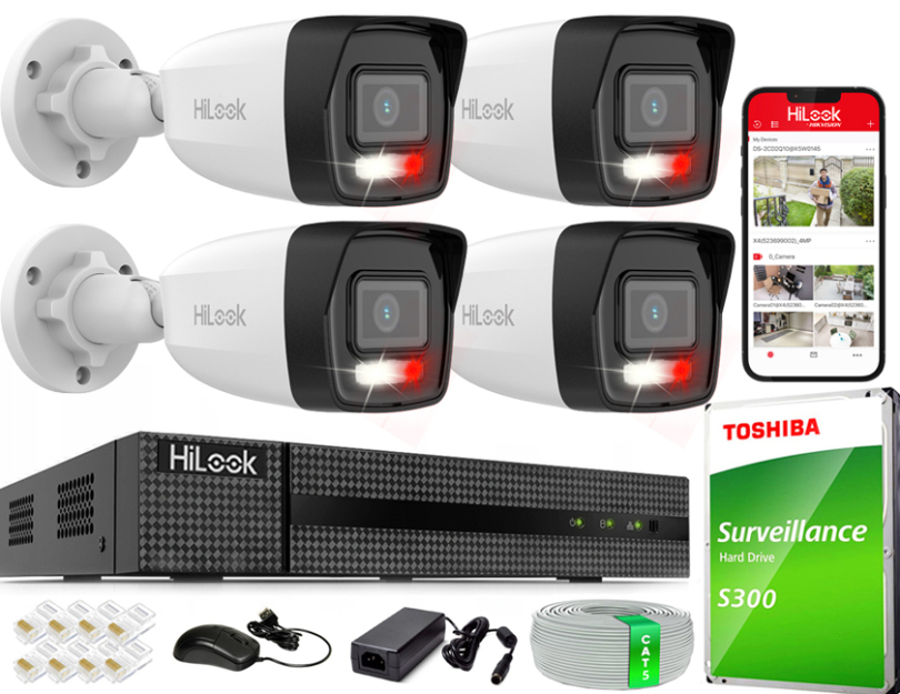 Zestaw do Monitoringu IP 4Mpx, 4 Kamery IPC-B140HA-LU Smart Hybrid Light, PoE - HiLook by Hikvision | IPC-B140HA-LU(x4) POE KIT