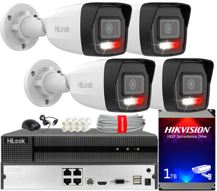 Zestaw do Monitoringu IP 4Mpx, 4 Kamery IPC-B140HA-LU Smart Hybrid Light, PoE - HiLook by Hikvision | IPC-B140HA-LU(x4) POE KIT
