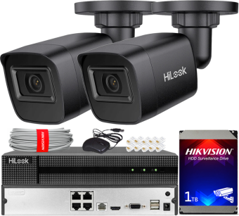 Zestaw do Monitoringu IP 4Mpx, 2x Kamera IPC-B141H-C BLACK, PoE, IR20m, IP67 - HiLook by Hikvision | IPC-B141H-C BLACK(x2) POE KIT