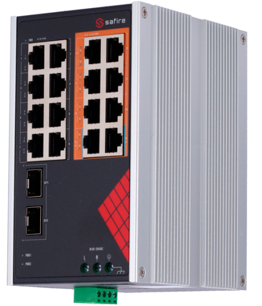 SF-SWI1808HIPOE-GF-AC-130-DIN - Switch przemysłowy, 16x RJ45 10/100/1000 Mbps, 2x SFP, 130W, DIN - Safire | SF-SWI1808HIPOE-GF-AC-130-DIN