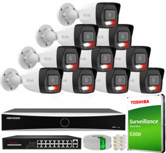 Zestaw do Monitoringu IP 4Mpx, 10 Kamer IPC-B140HA-LU Smart Hybrid Light, Rejestrator DS-7616NXI-K1, 16xPoE - HiLook by Hikvision | IPC-B140HA-LU(x10) POE KIT